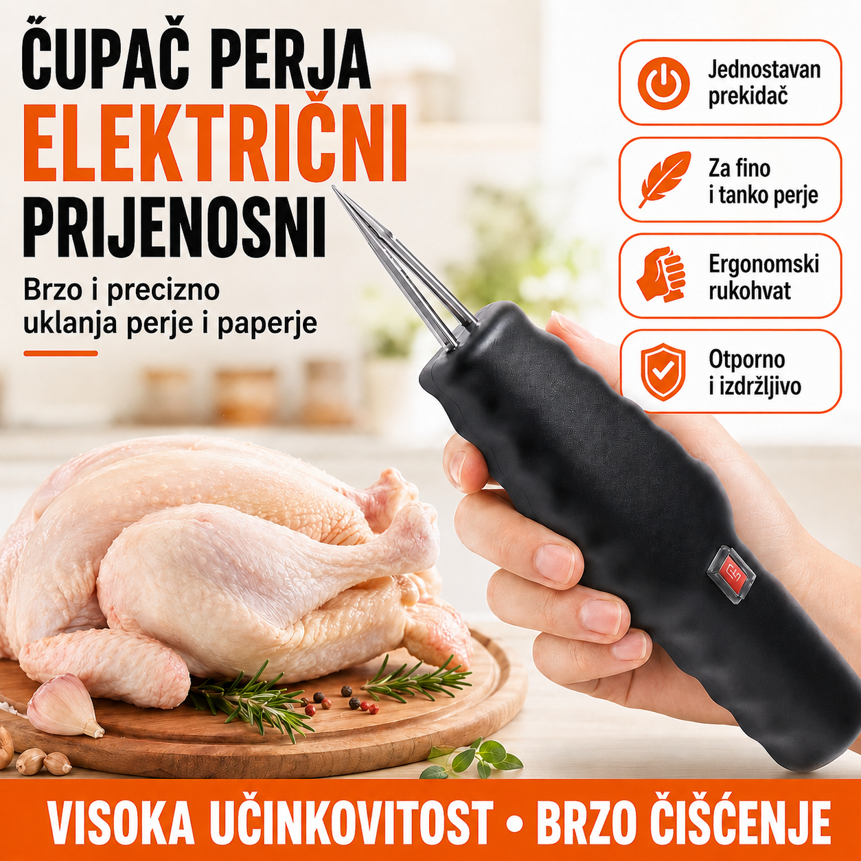 Prijenosni i ručni čupač perja za perad
