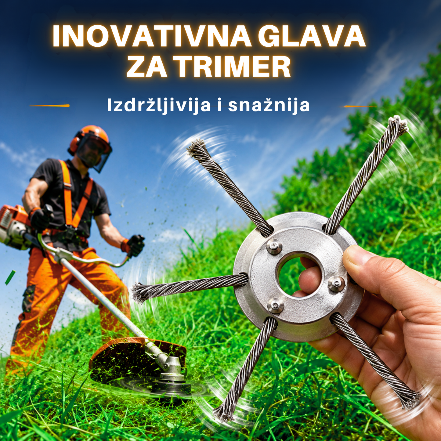 Glava za košnju ima 6 krakova od izdržljive pletene čelične žice