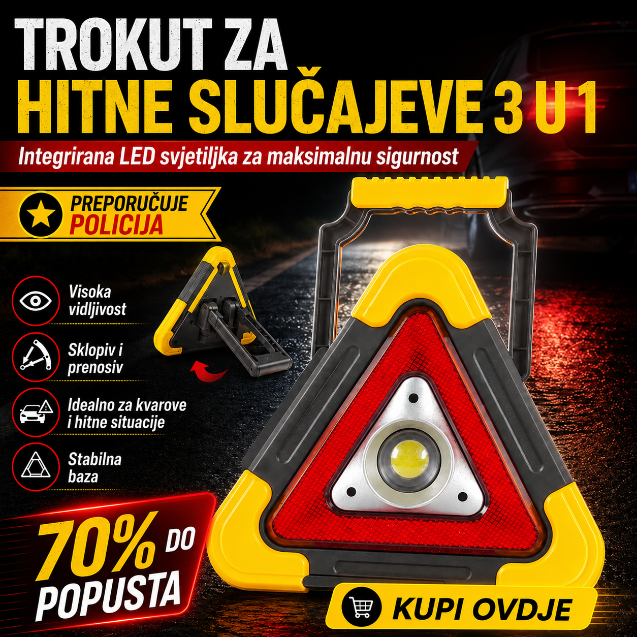 Trokutasto Sigurnosno Svjetlo za Automobil s LED Rasvjetom