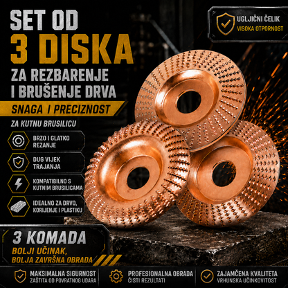 Komplet 3 Brusna Diska za Drvo – Ugljični Čelik | Ravni, Zakrivljeni, Kosi