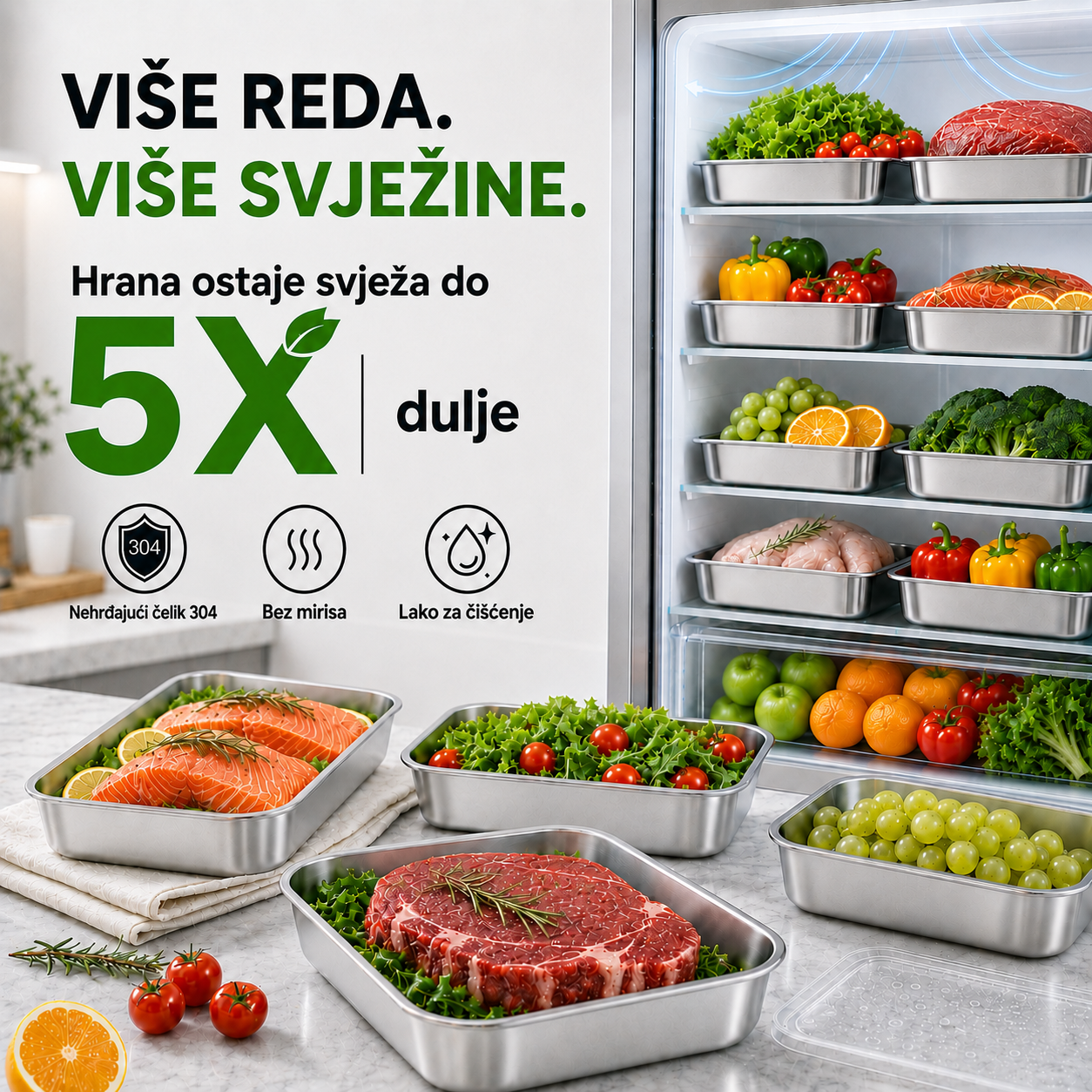 Posuda od nehrđajućeg čelika 304 – hladnjak bez neugodnih mirisa, svježa hrana cijeli tjedan.