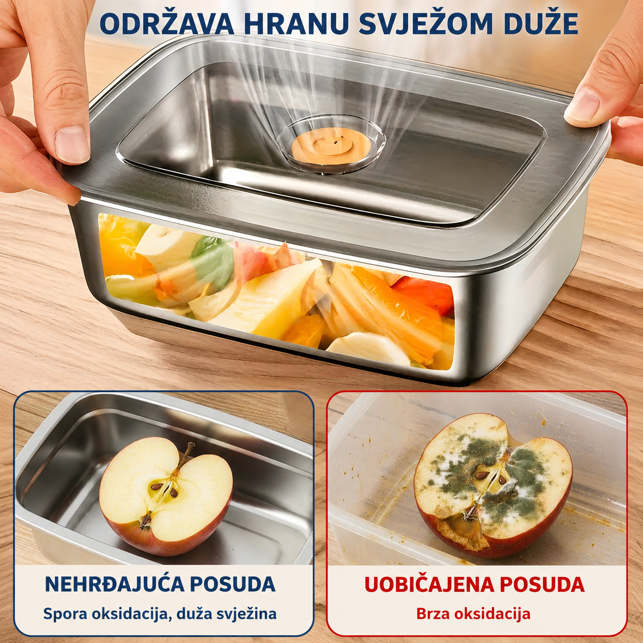 Velika antibakterijska vakuumska posuda za hranu od nehrđajućeg čelika, 1000 ml (19 × 14 × 6 cm)