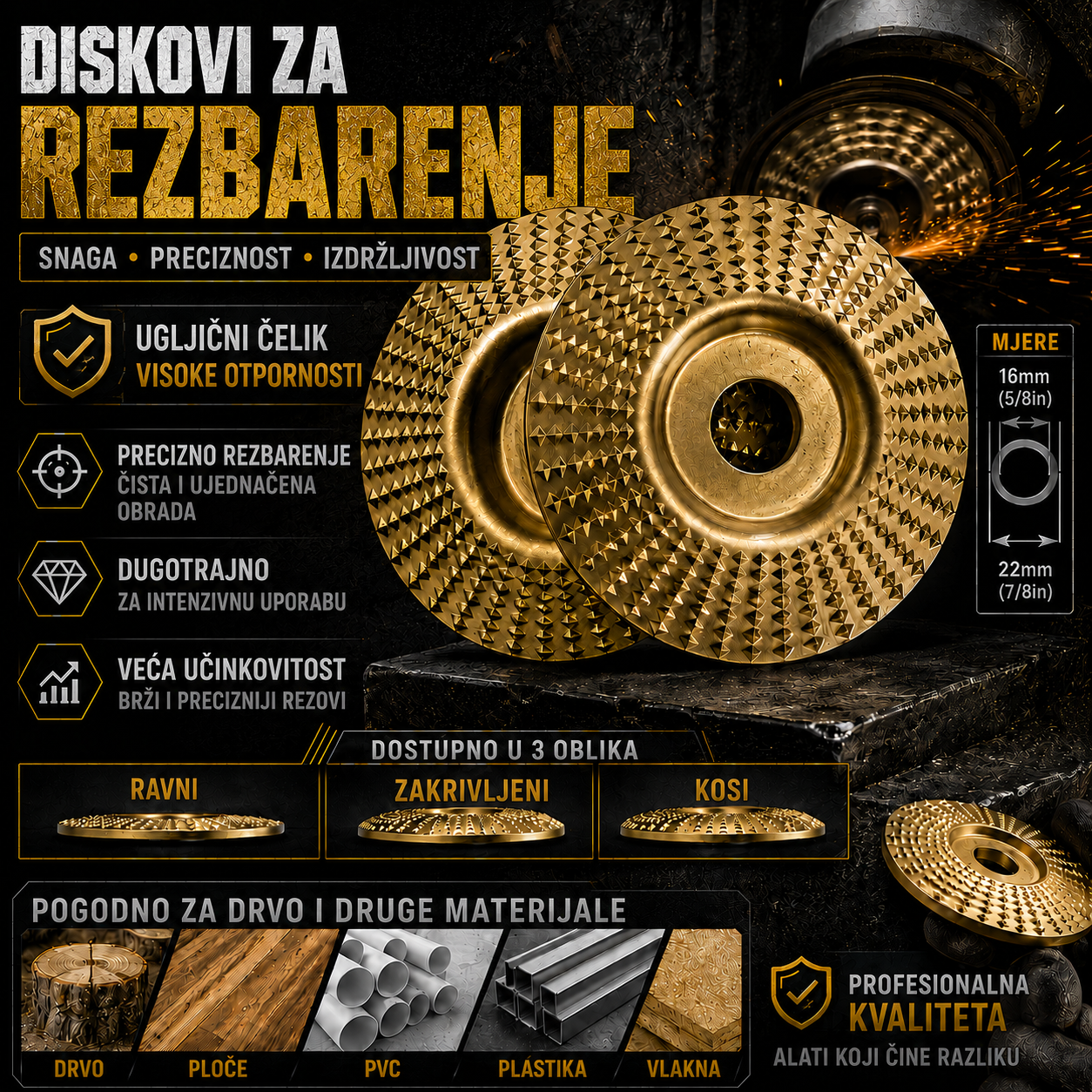Komplet 3 Brusna Diska za Drvo – Ugljični Čelik | Ravni, Zakrivljeni, Kosi