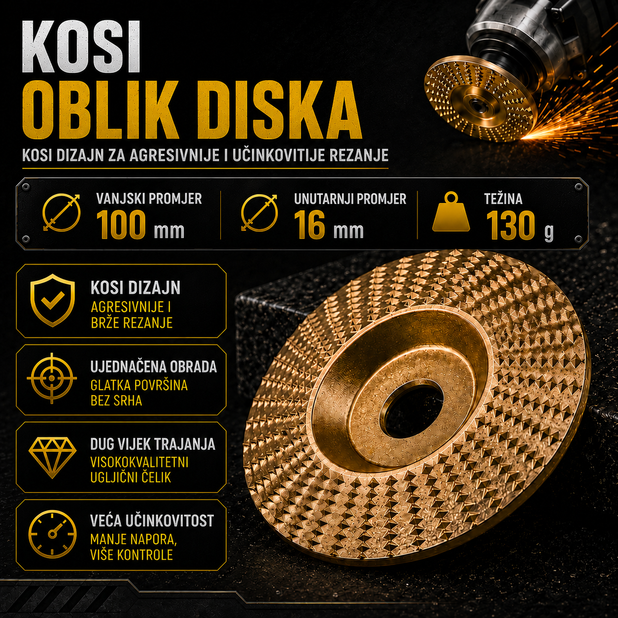 Komplet 3 Brusna Diska za Drvo – Ugljični Čelik | Ravni, Zakrivljeni, Kosi