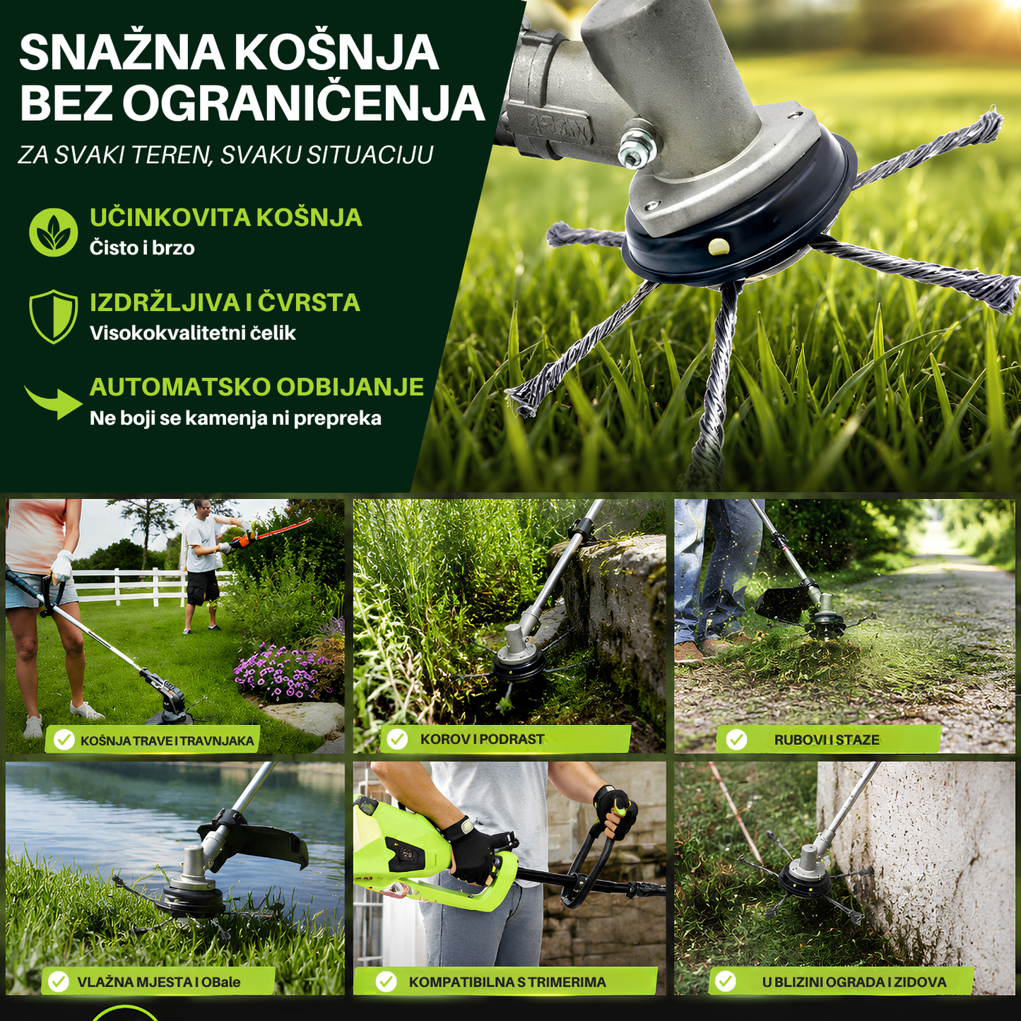 Glava za košnju ima 6 krakova od izdržljive pletene čelične žice