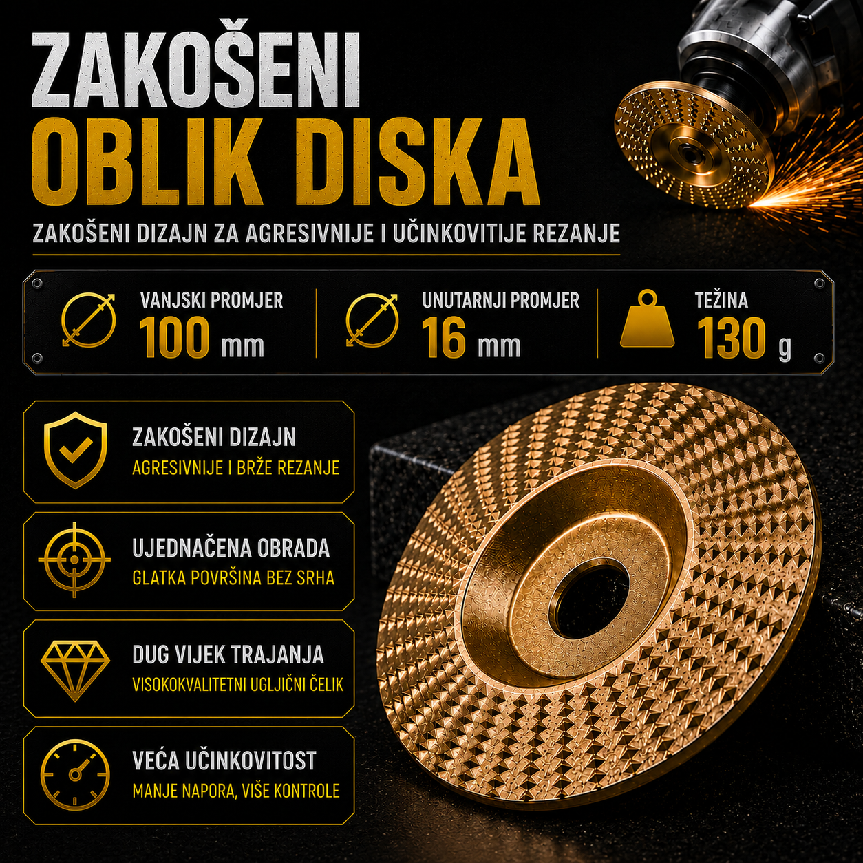 Komplet 3 Brusna Diska za Drvo – Ugljični Čelik | Ravni, Zakrivljeni, Kosi