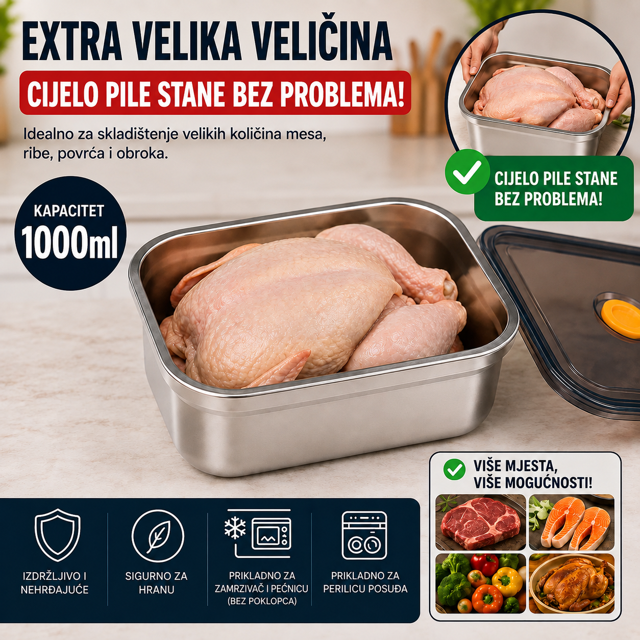 🎁 Dobijete 12, platite samo 6 | Vakuumska posuda za čuvanje hrane od nehrđajućeg čelika 316L (velika – 1000 ml)