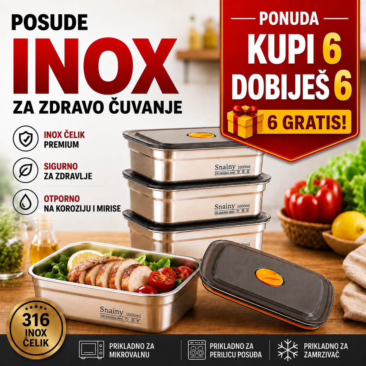 Vakuumska Antibakterijska Posuda Za Hranu Od Nehrđajućeg Čelika 316 (19×14×6cm)