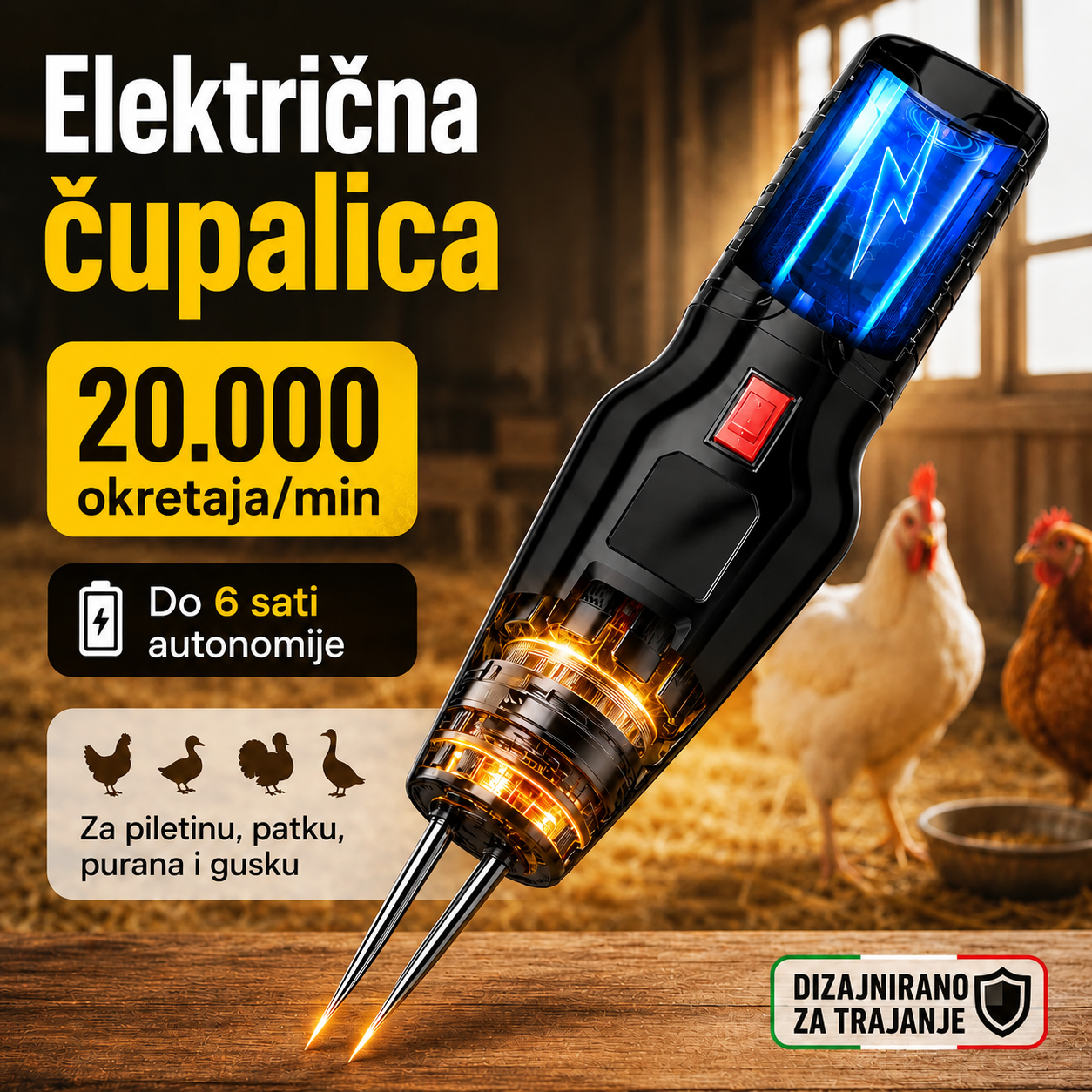 Električna čerupalica za perad — 60 sekundi po ptici
