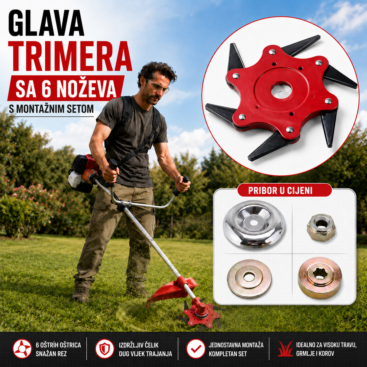 Glava trimera sa 6 noževa od manganskog čelika – s montažnim setom