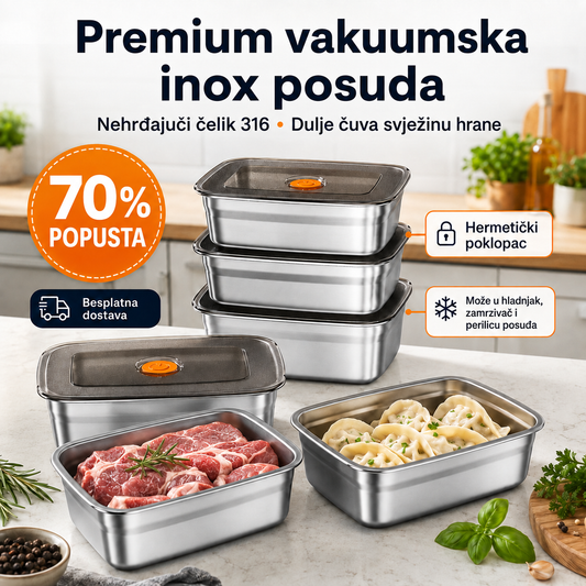 Premium hermetička posuda za čuvanje hrane od nehrđajućeg čelika 316, s vakuumskim poklopcem – antibakterijska i sigurna